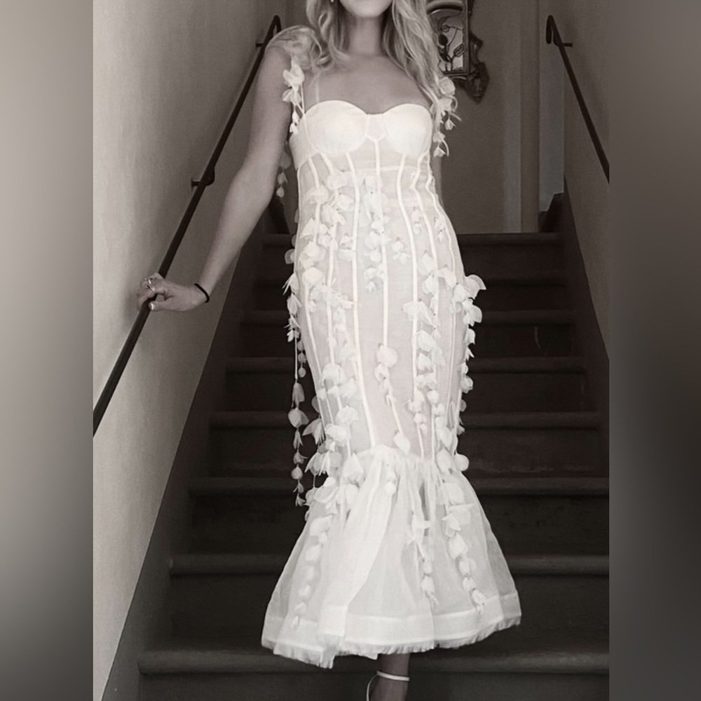 Zimmermann White Petal Appliqué Linen-Silk Midi Dress - Picture 2 of 4